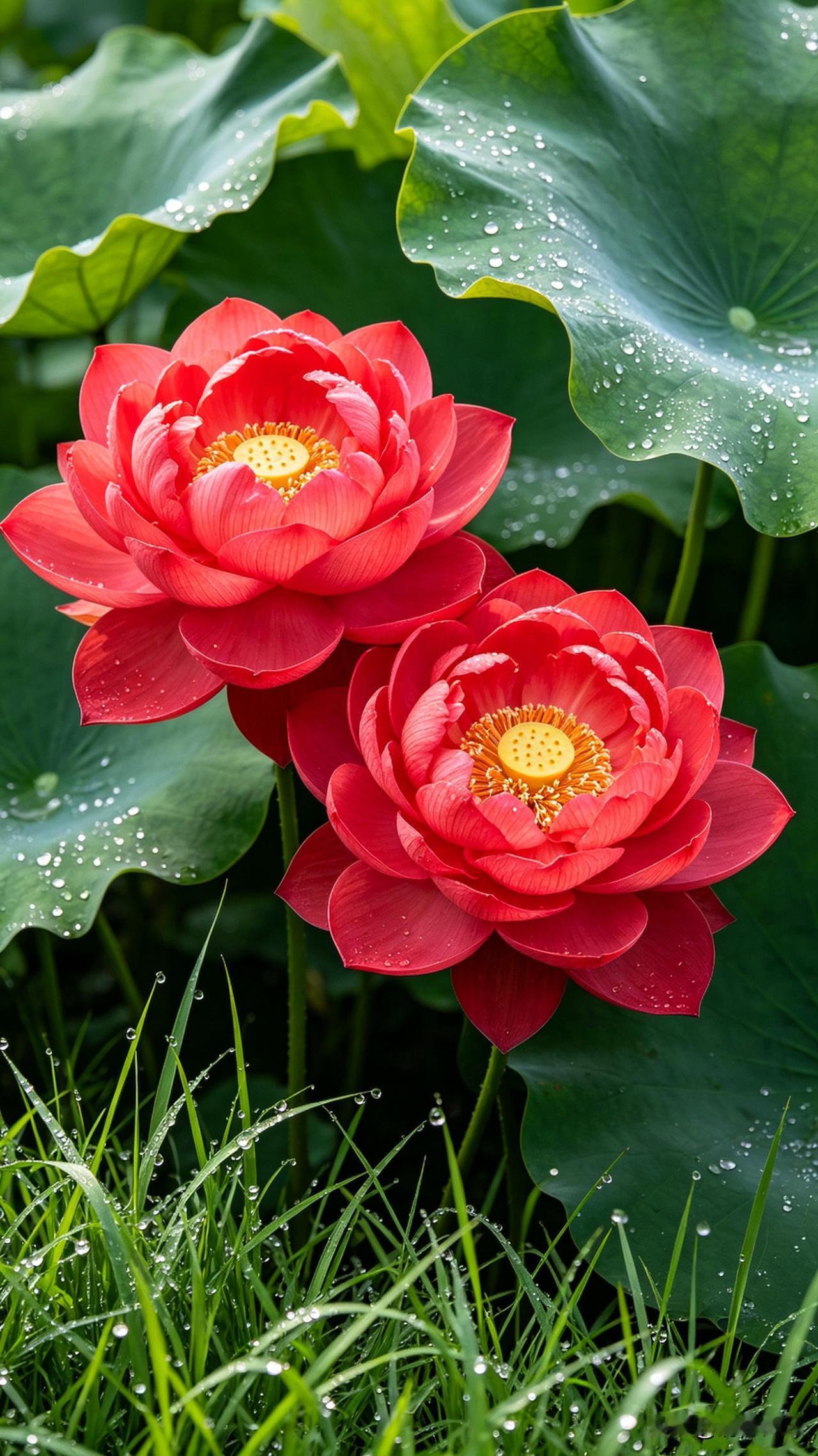 五月，红荷并蒂卧清池，翠叶承珠映日辉，露染芳菲草色新，双花竞艳醉晨光……[祈祷]