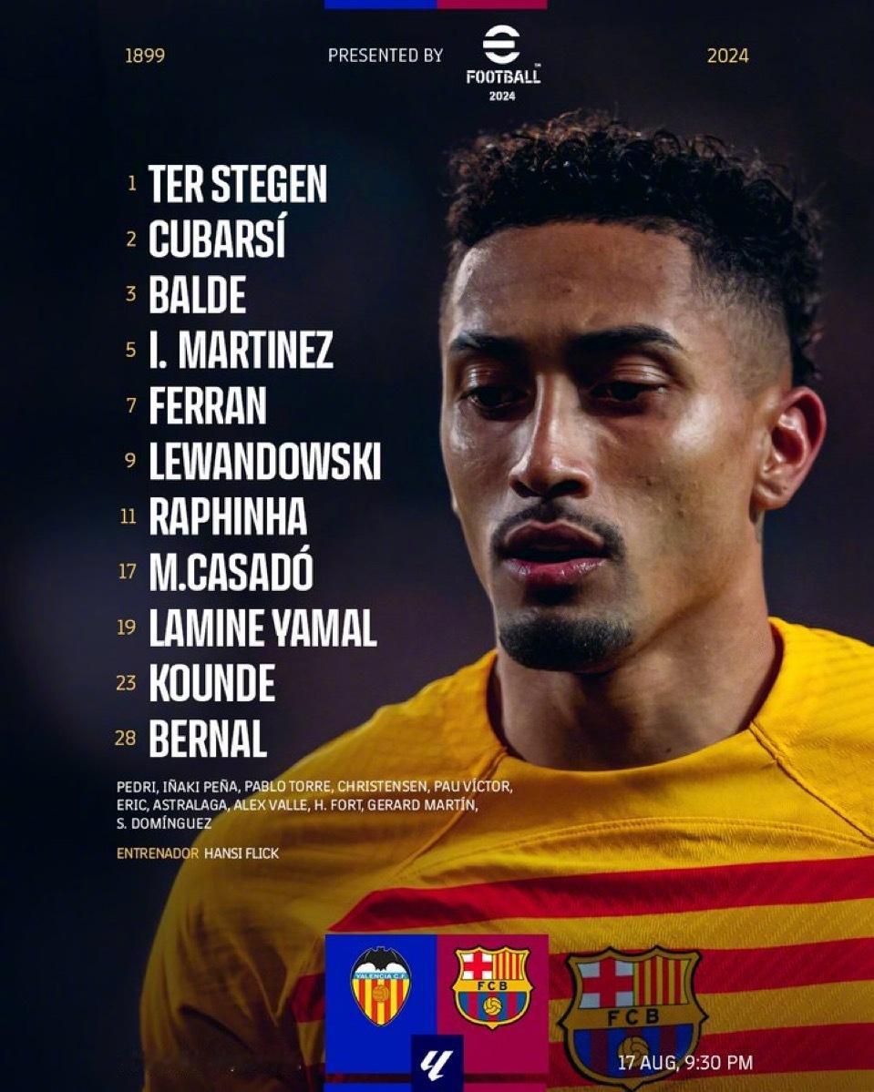 瓦伦西亚vs巴萨首发阵容发布，卡萨多、伯纳尔首发出战#瓦伦西亚vs巴萨##巴萨#