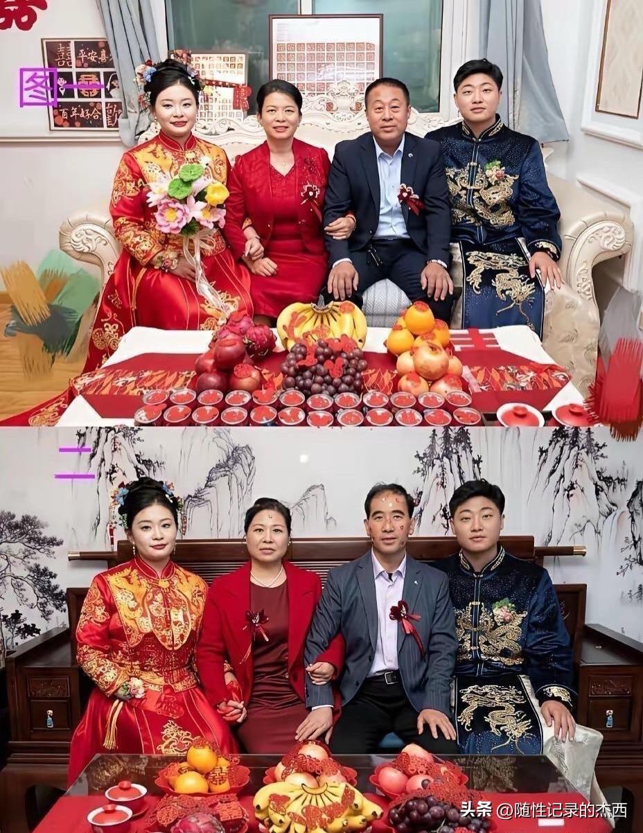 这是新娘在自己家和老公的的不同合影，我觉得图二是在自己家里，喜欢跟妈妈拉紧了双手