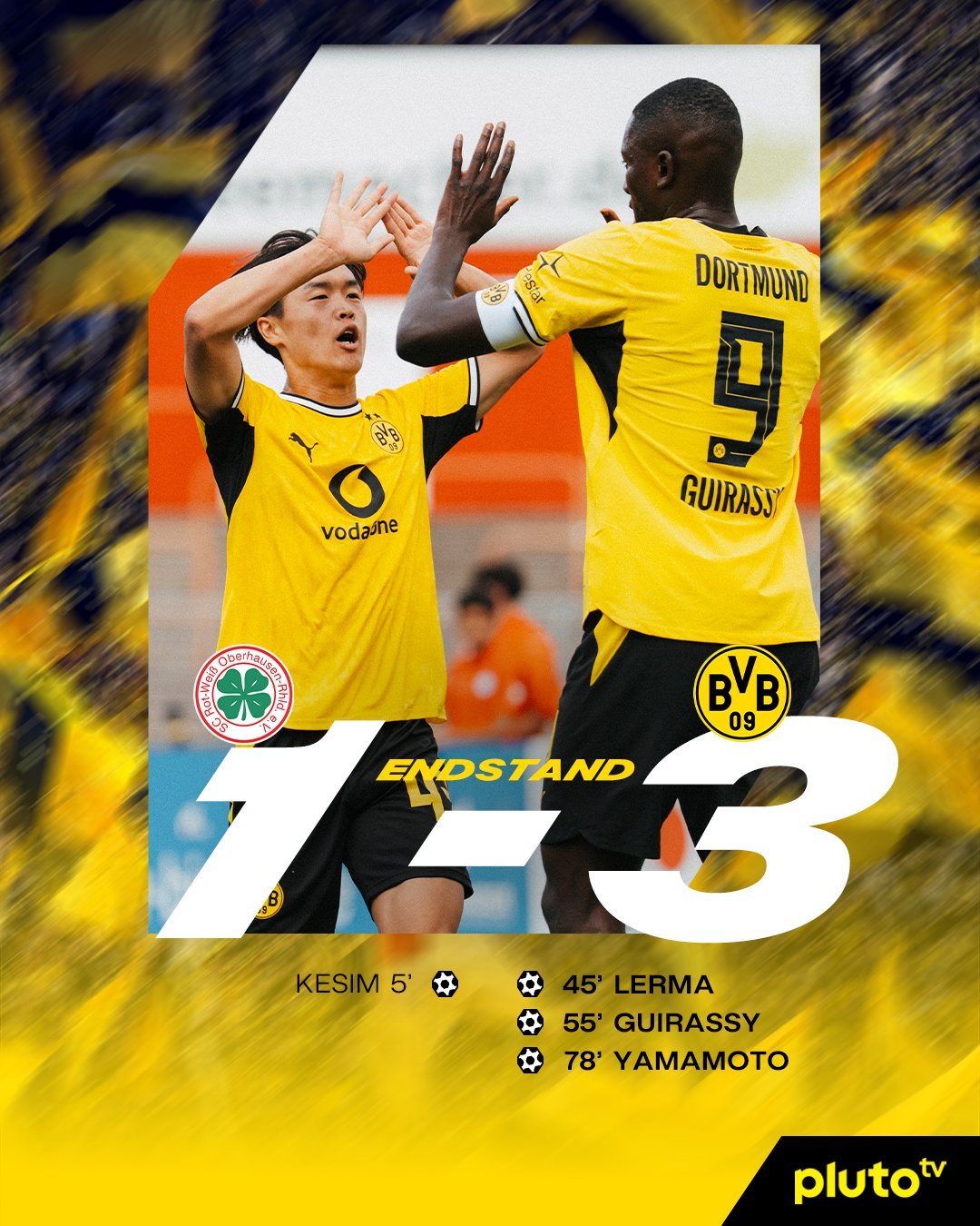 💛🖤全场比赛结束，我横在第一场季前友谊赛中，以3-1战胜了红白奥伯豪森！he
