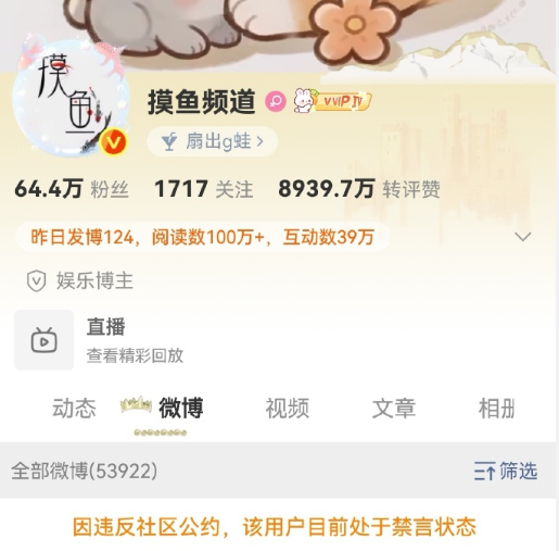 那个摸鱼频道被禁言了，就是跟梓渝杠上的那位。说实话，普通人根本就没资格跟公众人物