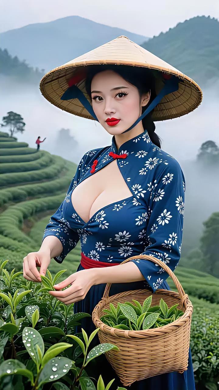 七绝●采茶姑娘  

轻烟薄雾若披纱，
大露高山采早茶。
笠帽长衣筐子挎，
明珠