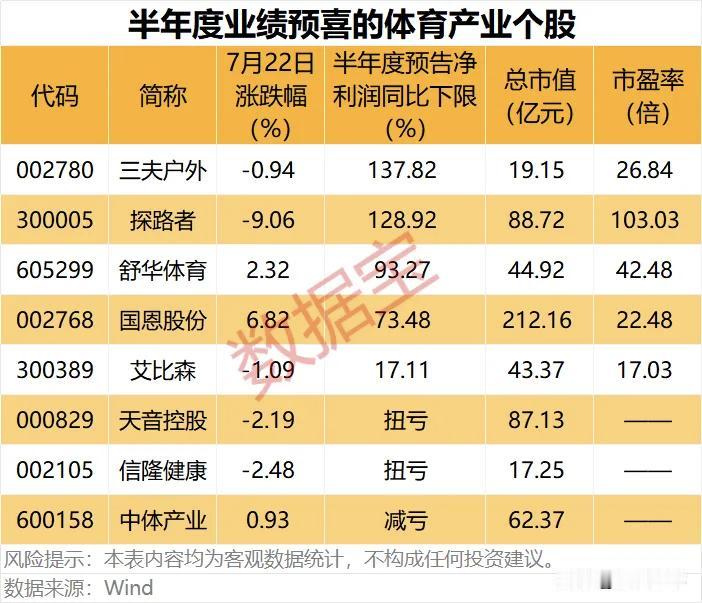 半年度业绩预增的体育产业个股！