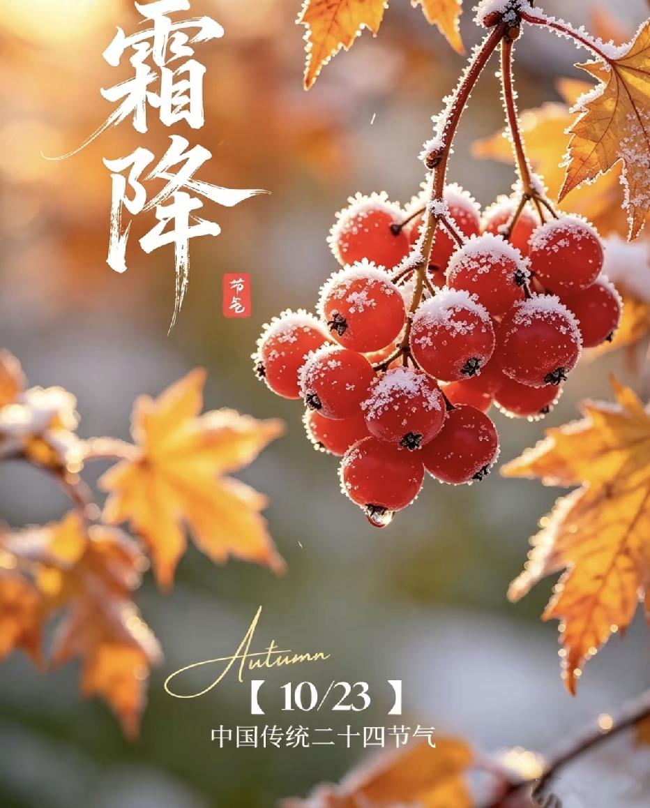 2026年10月23日今日霜降，也是秋天的最后一个节气。秋已暮，露成霜，霜降，冬
