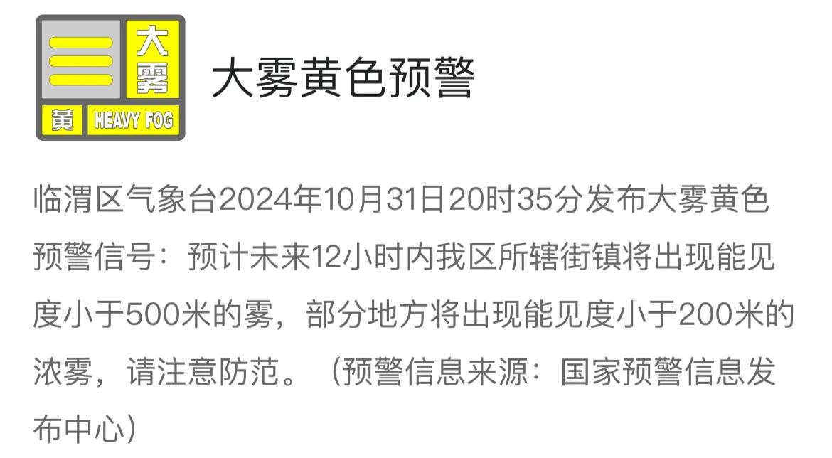 #天气预警# 临渭区气象台2024年10月31日20时35分发布大雾黄色预警信号