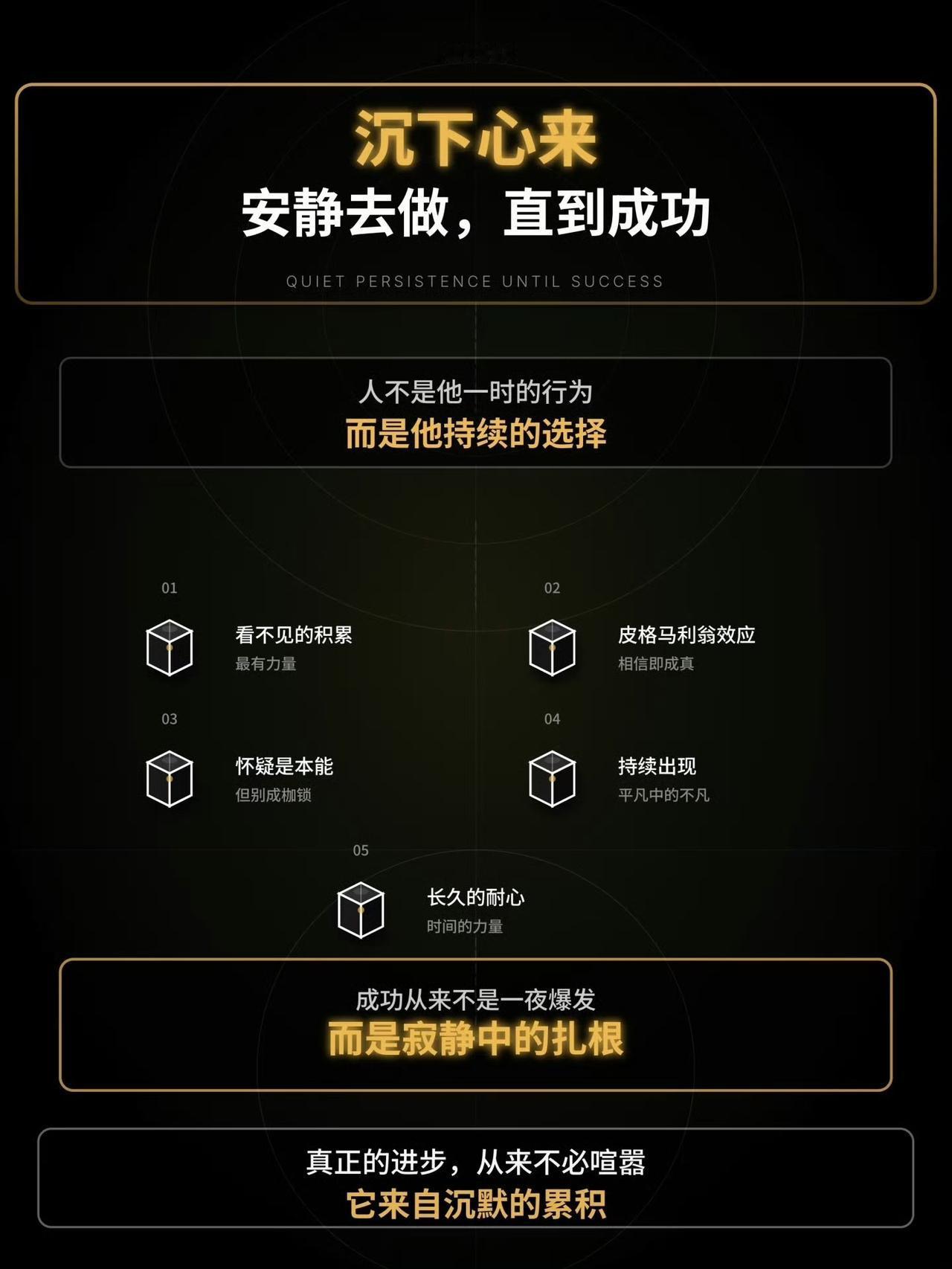 认知提升：
沉下心，安静做，待成功。