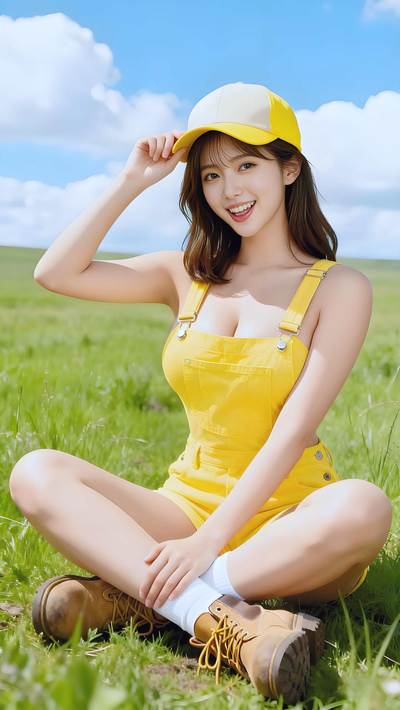 黄衣少女，晴日草地展笑颜。