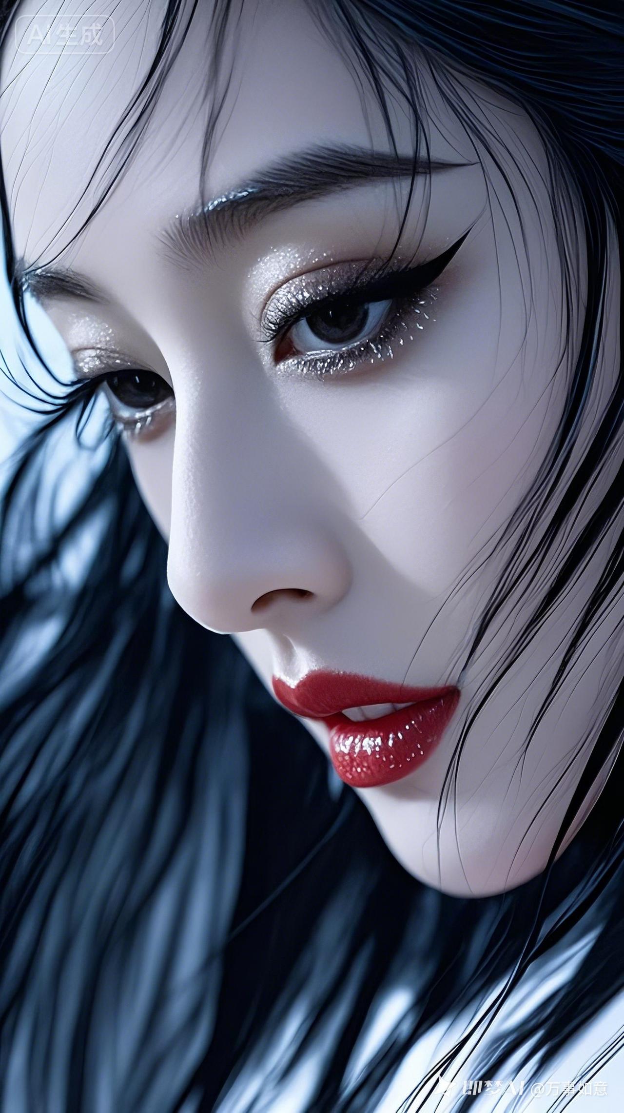 冷艳的蓝调妆容，红唇与黑发相映成趣，尽显神秘与优雅。