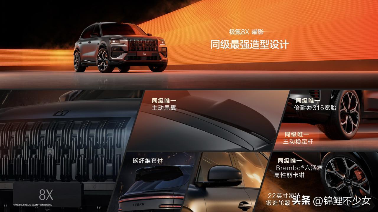 性能美学基因
四项同级唯一Brembo六活塞卡钳、315宽胎、主动稳定杆和主动尾
