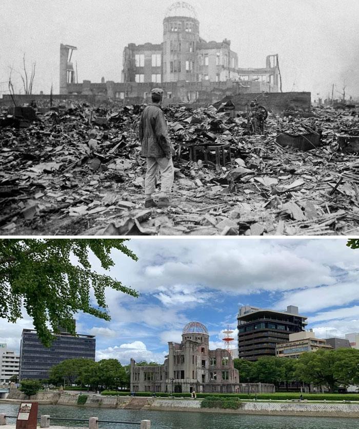 被原子弹炸过的日本广岛，对比两张照片，几十年间变化真大！1945年8月6日上午8