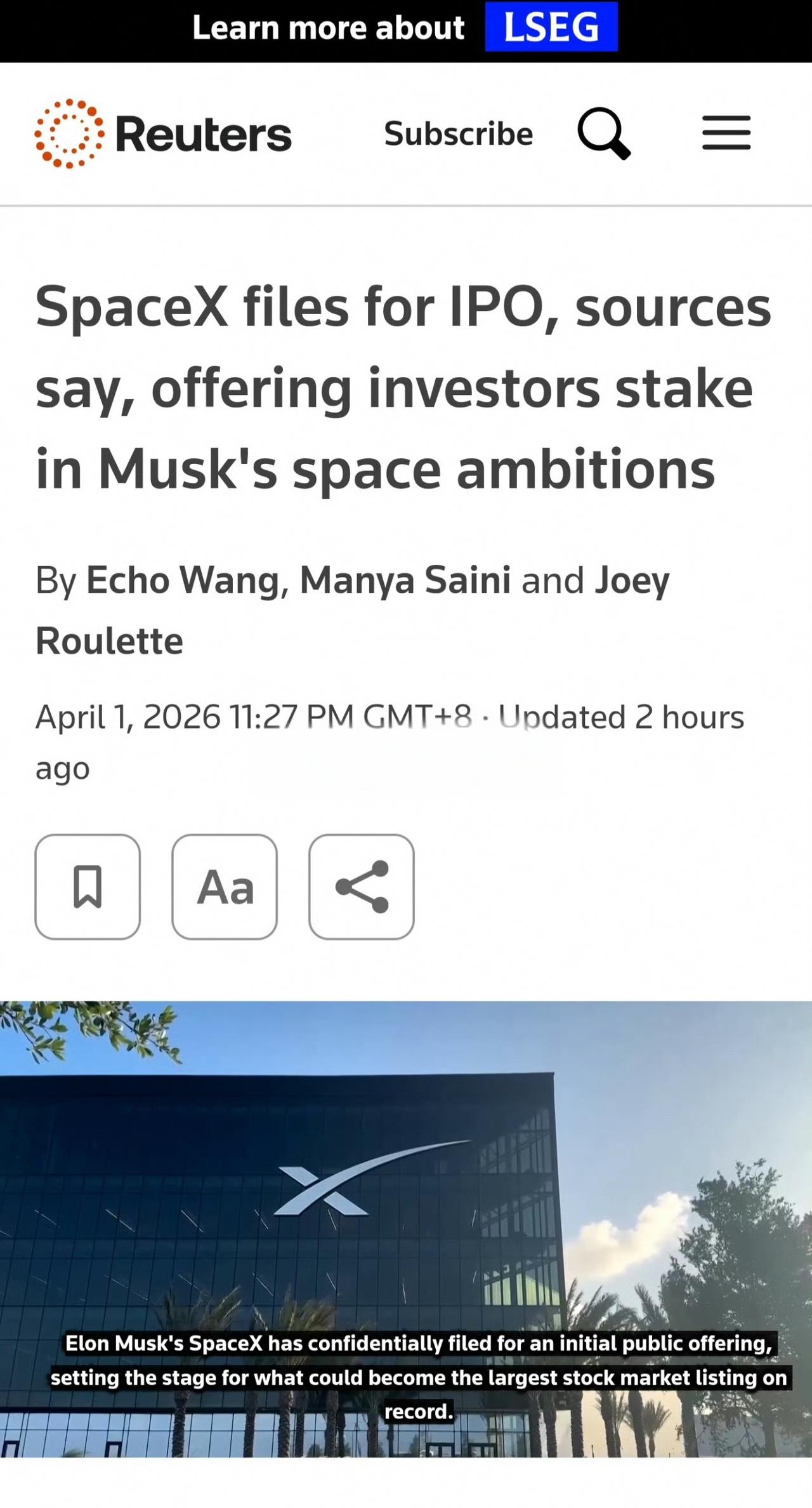 据路透4月1日报道，马斯克旗下的太空探索技术公司SpaceX已秘密提交美国首次公