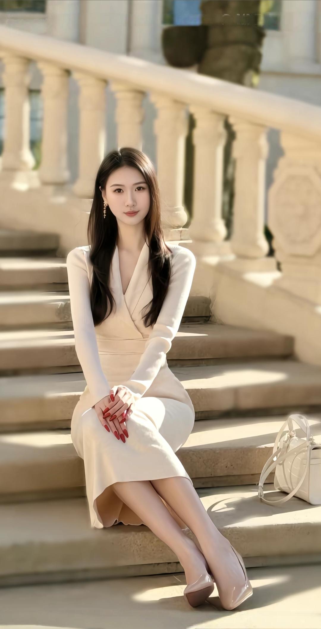 她坐在台阶上，穿着优雅的白色连衣裙。