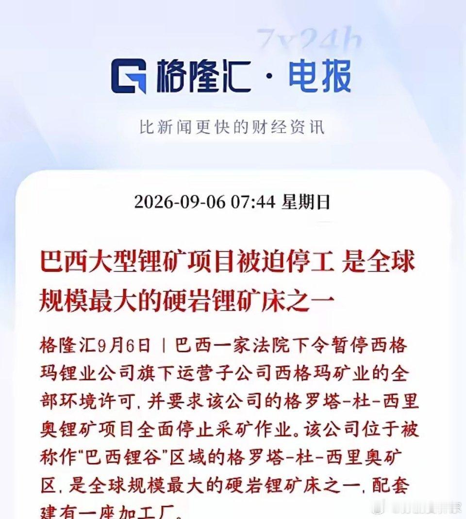 锂矿重大利好消息，全球顶级锂矿停产巴西格罗塔‑杜‑西里奥锂矿，属于全球数一数二的