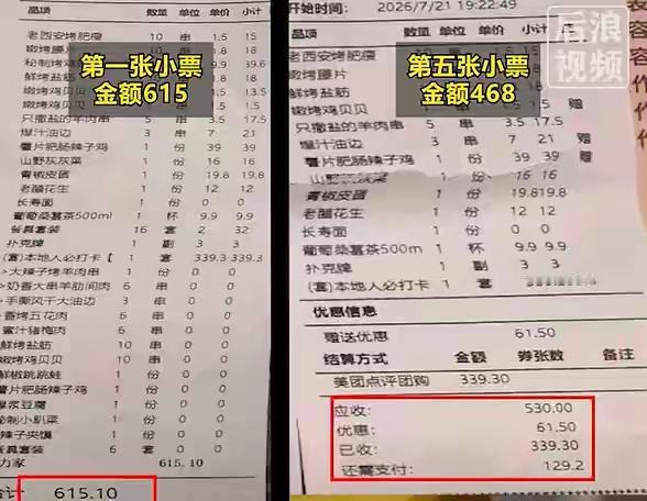 太离谱了！陕西西安的王女士带着亲友一共8人，到哈力家烧烤店聚餐，结果，在结账时候