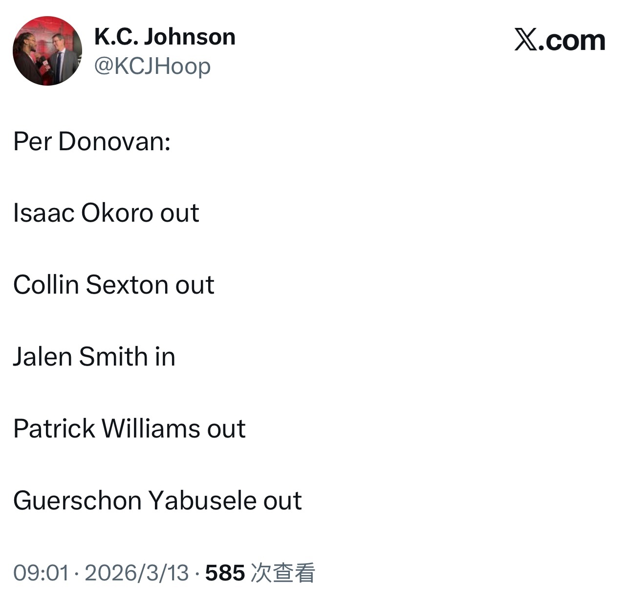 公牛主帅多诺万透露，奥科罗、塞克斯顿、亚布塞莱、帕威今天缺阵，杰伦史密斯出战。 