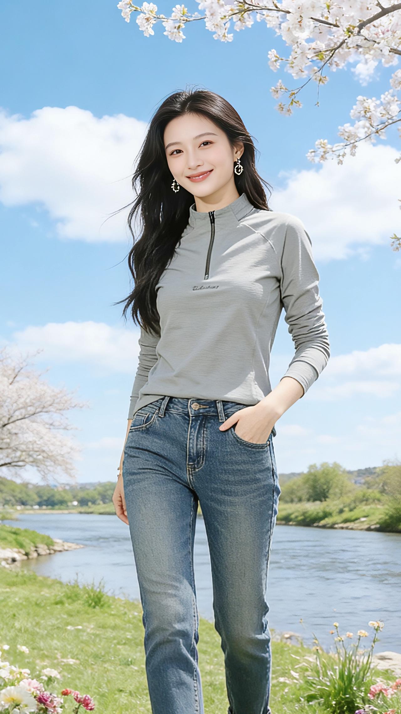 春岸闲行
 
风是软的，带着新草与樱花的甜香，漫过河岸，也漫过衣摆。
 
灰调的