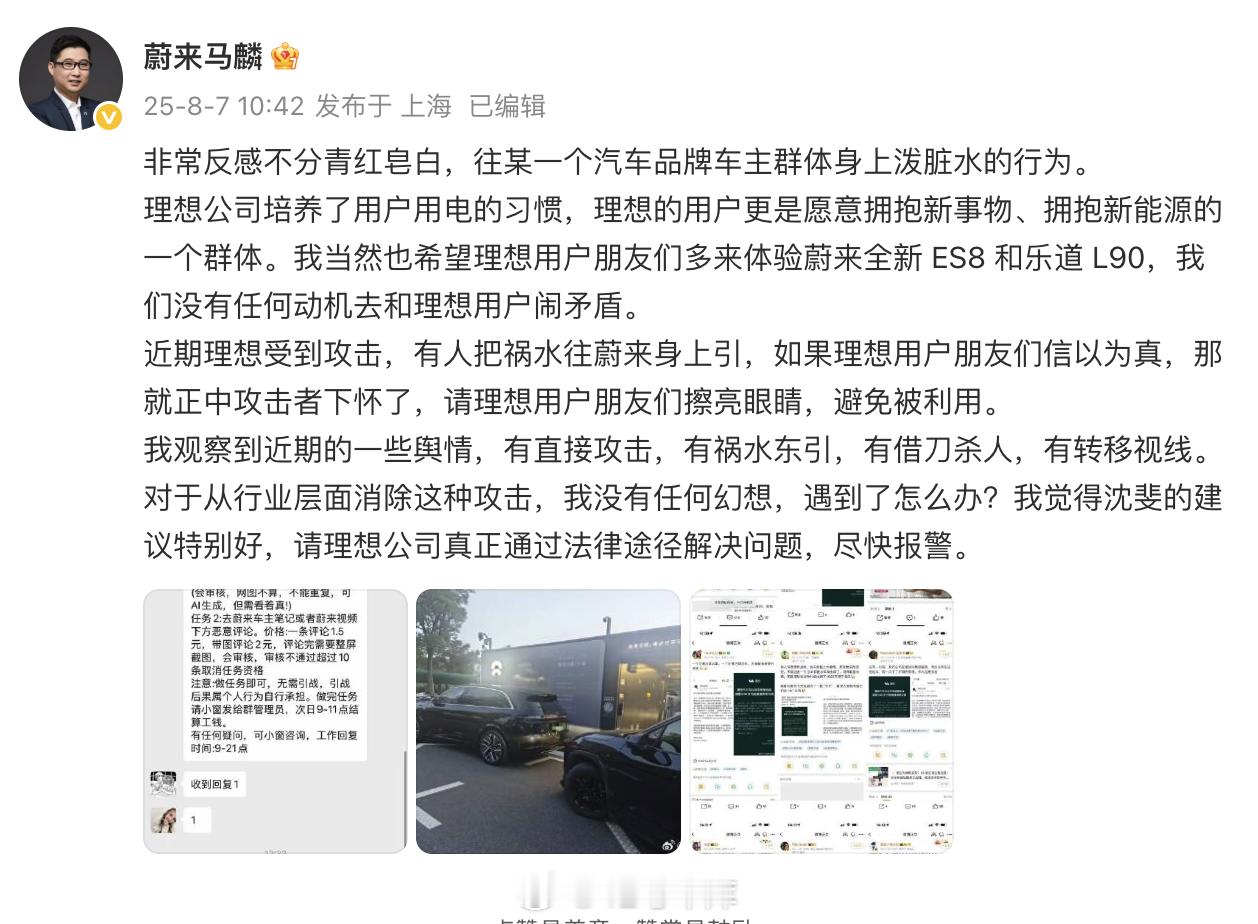 蔚来品牌副总裁马麟谈理想事件：非常反感不分青红皂白，往某一个汽车品牌车主群体身上