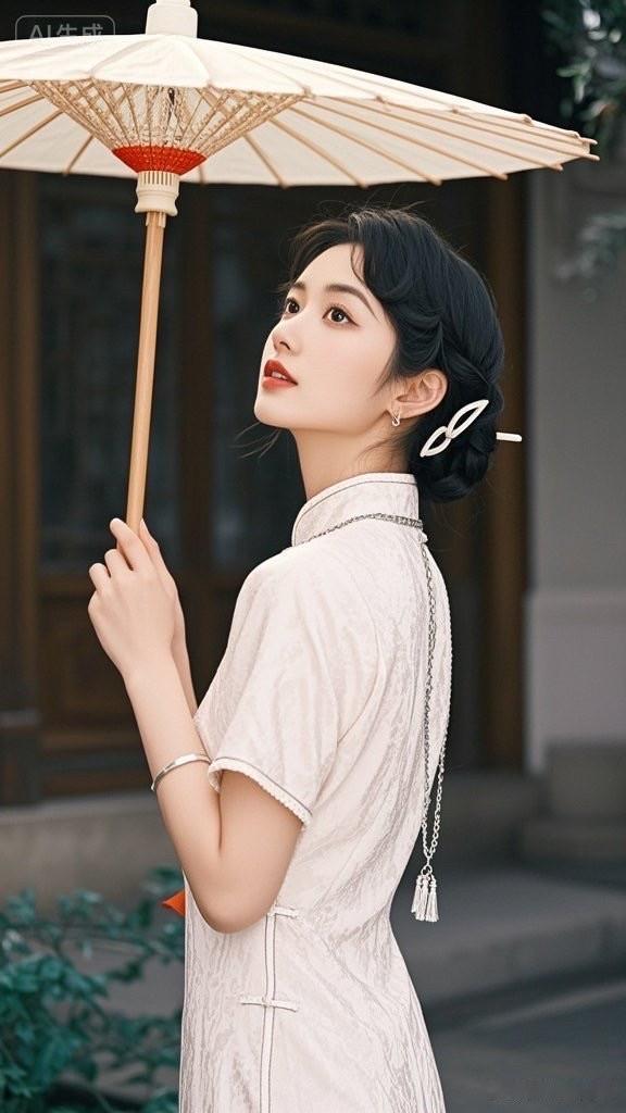 这位女士穿着旗袍，打着油纸伞。