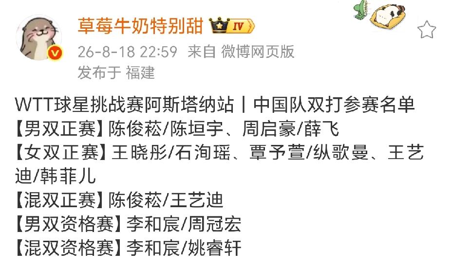 刚刚国乒传来消息，
王艺迪竟然也开始兼三项了，
陈幸同退赛。
瑞典大满贯之后，
