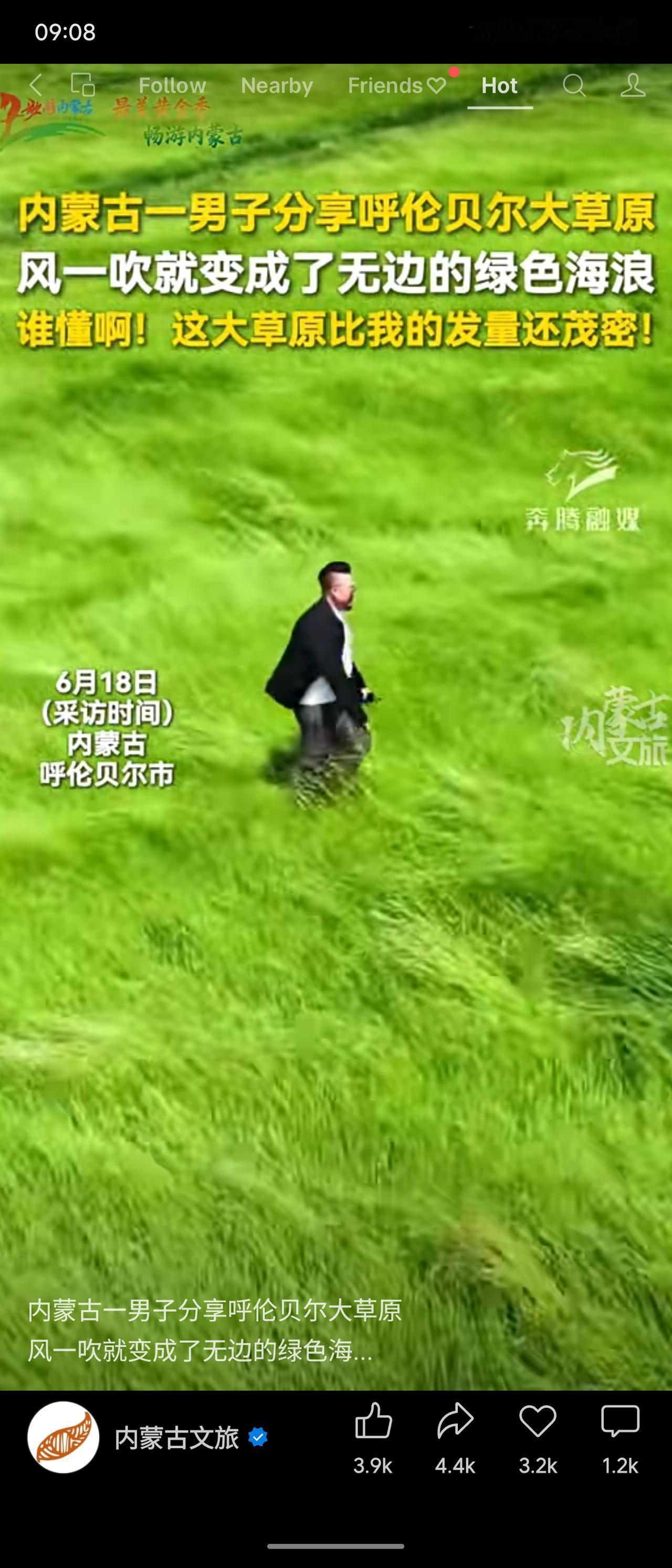 内蒙古呼伦贝尔大草原上，风拂过时绿浪翻滚，如无垠海潮涌动。当地男子海岩受访时感叹