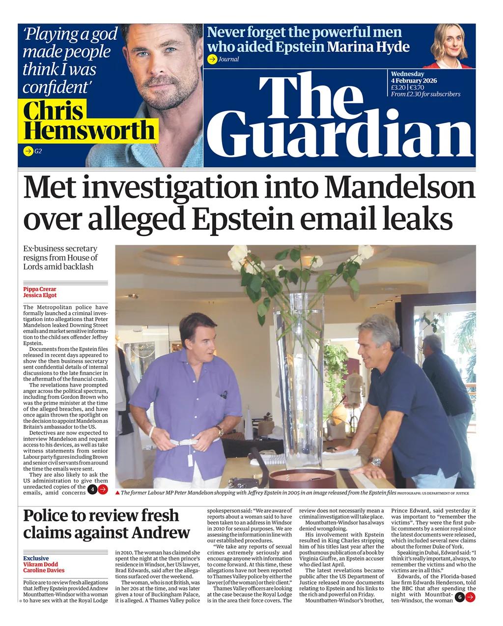 据《卫报》报道，英国政客彼得·曼德尔森向美国性犯罪富商杰弗里·爱泼斯坦泄露敏感英