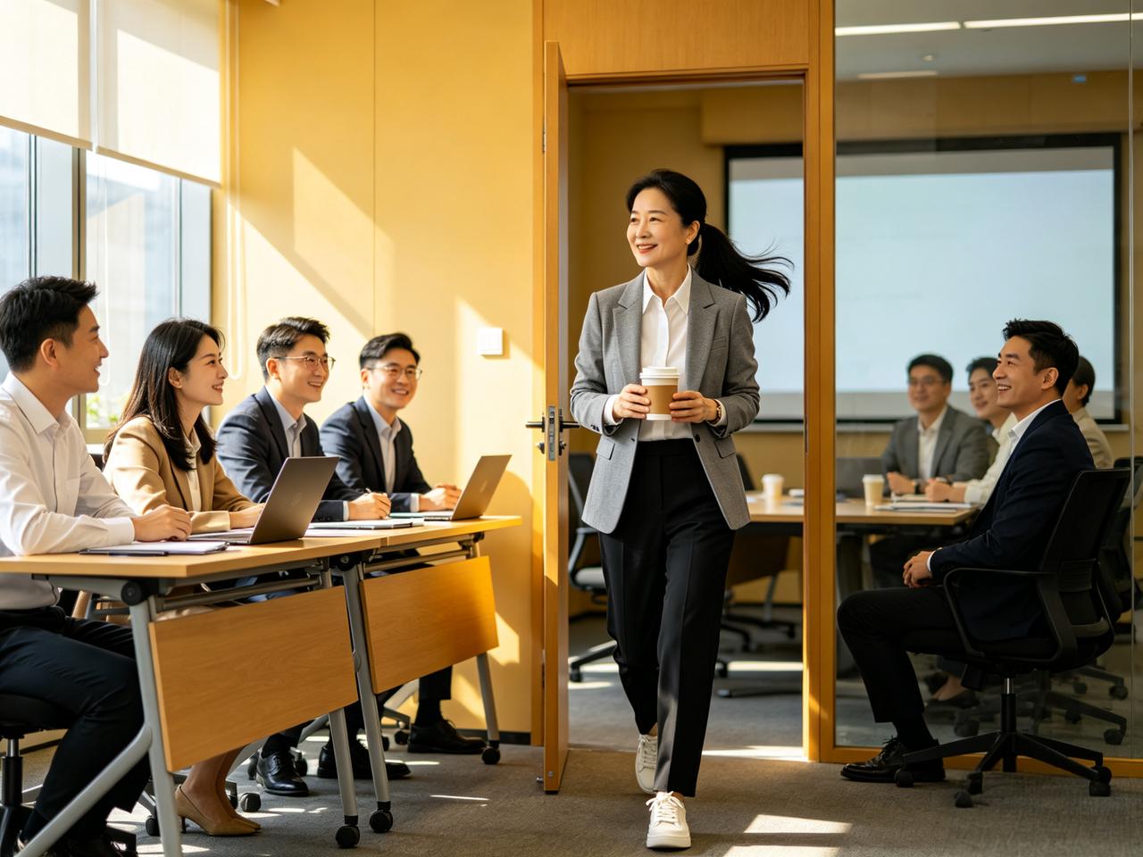 公司来了个女领导。第一天开会，所有人正襟危坐。她推门进来，马尾甩得飞起，手里端着