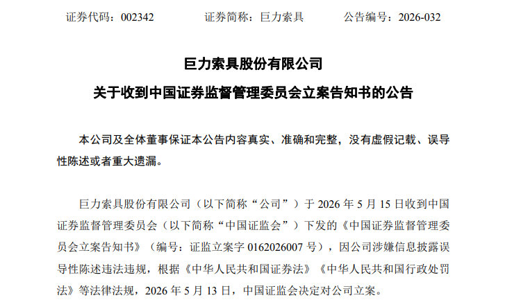 【巨力索具被证监会立案巨力索具回应被立案】巨力索具（002342）5月15日晚发