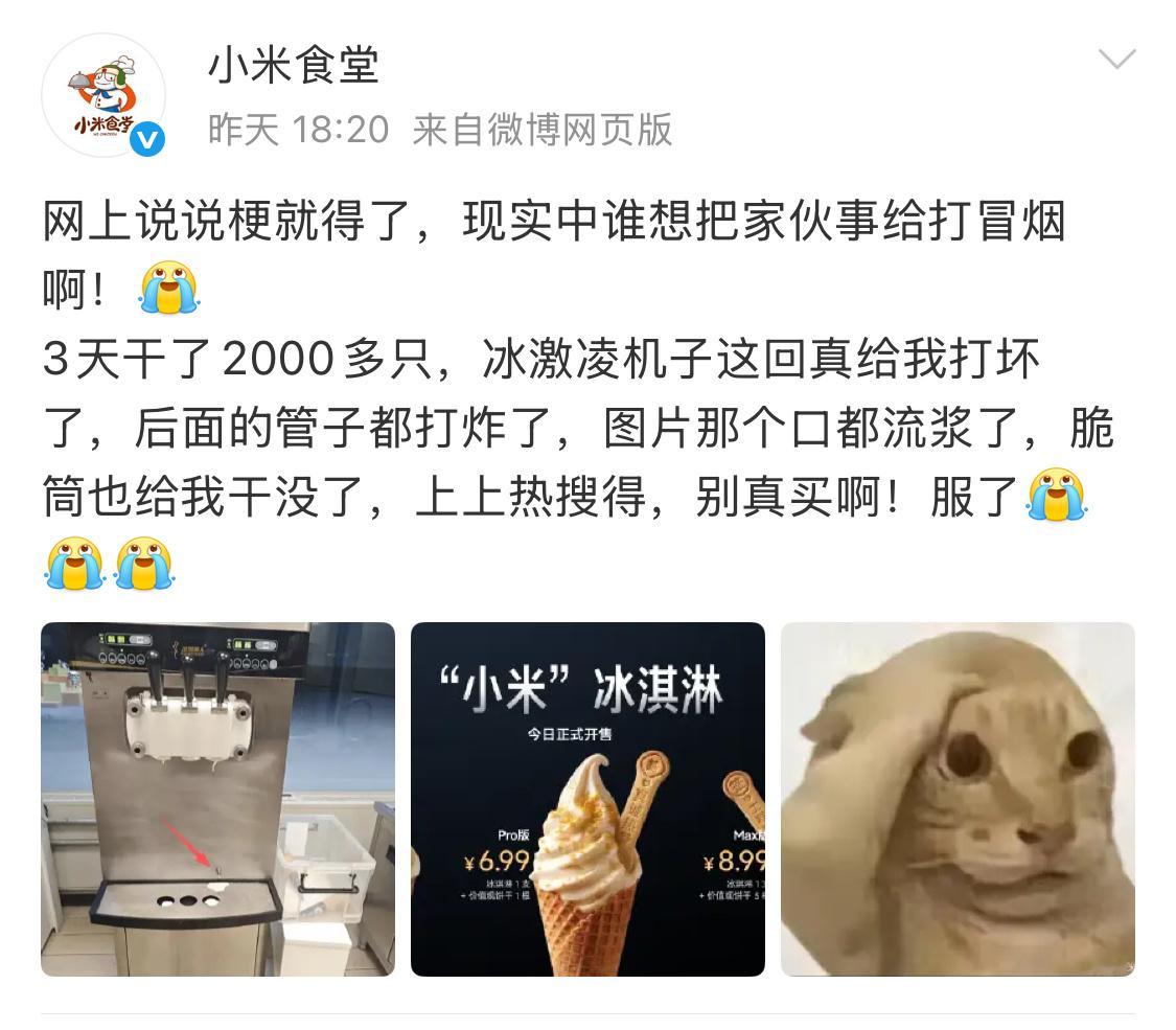小米食堂3天卖2000多只冰淇淋吊爆了，3天卖了2000多只。汽车销量火爆，没想