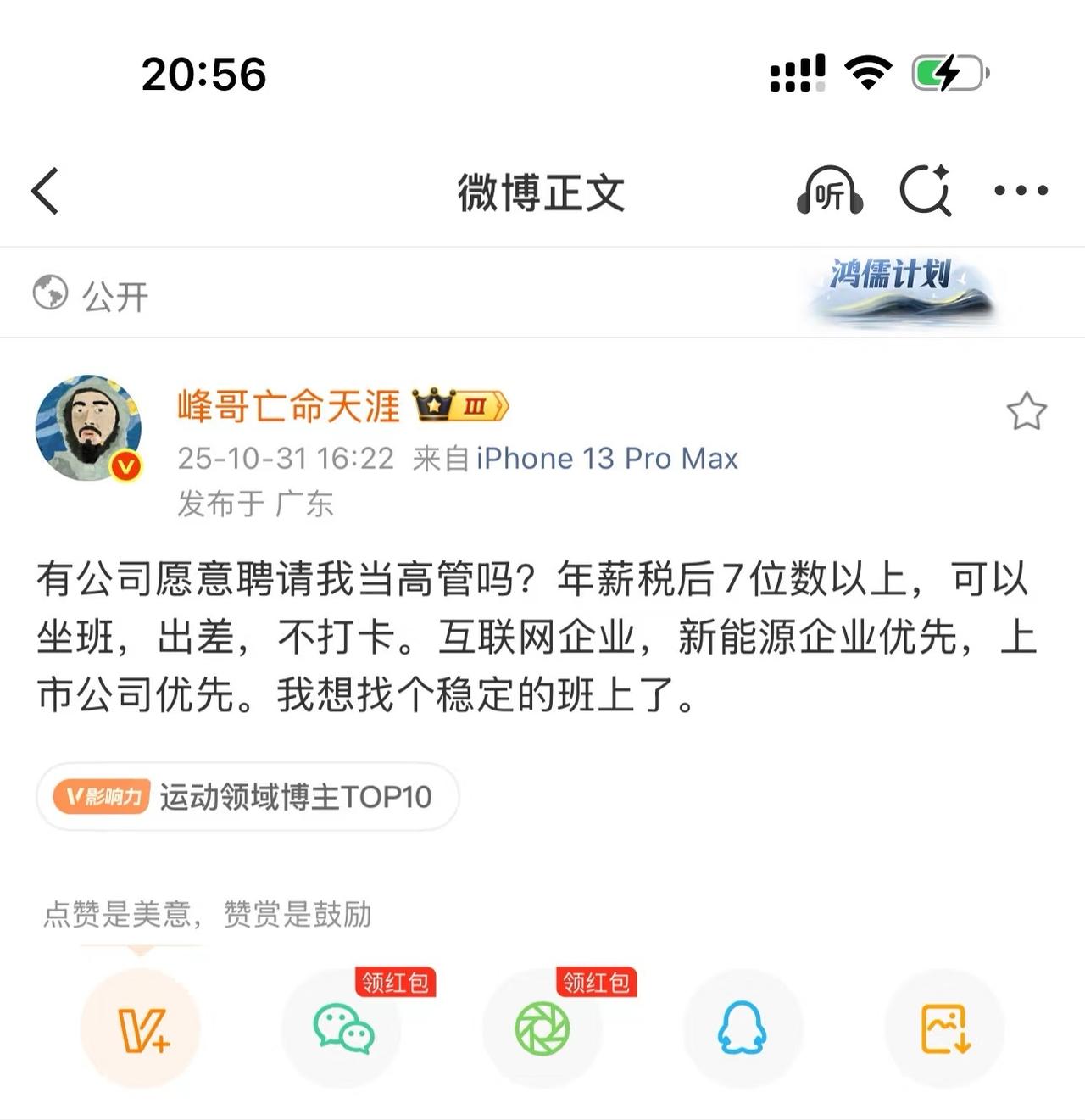 峰哥求职记。

最核心的价值就是这个人的IP ，所以，最适合的还是做代言人，其实