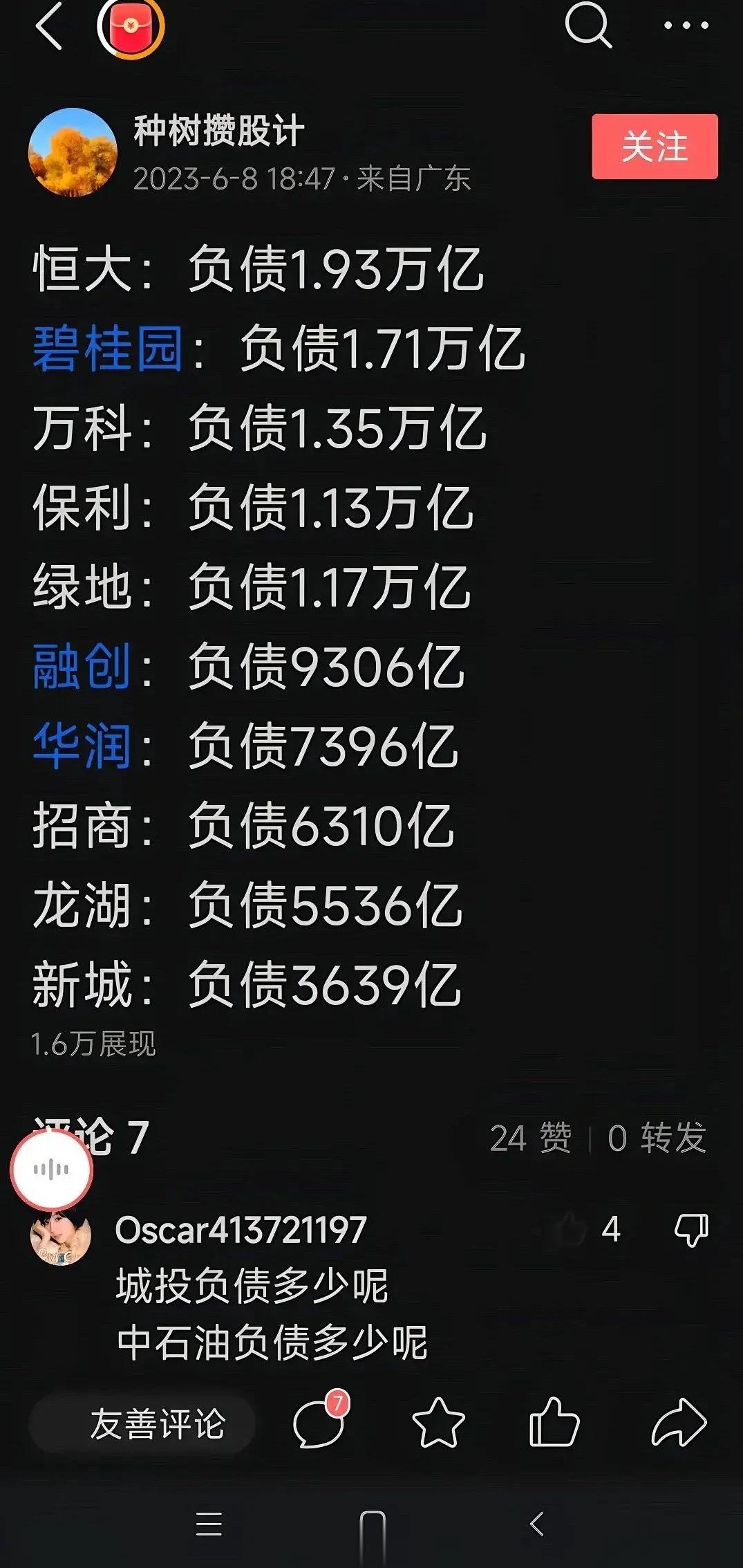 看下面数据（来自于微博某博主），这么高的负债，现在各大房地产的老板真是该睡不着觉