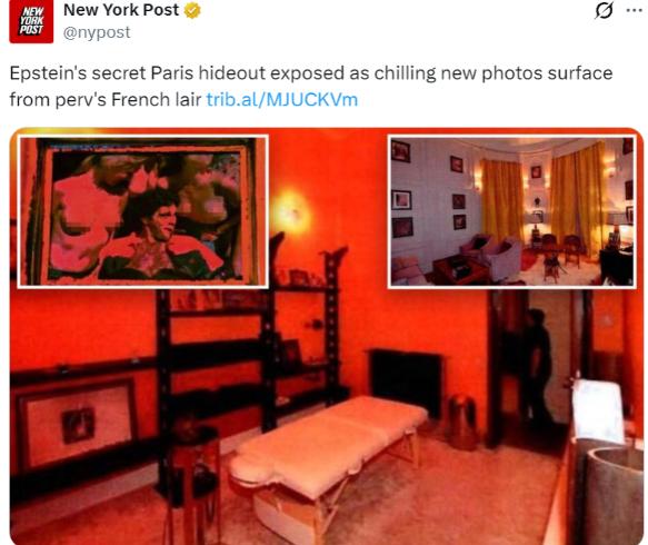 最新曝光的爱泼斯坦在巴黎的公寓照片令人不寒而栗。照片中可以看到一张按摩床、成人用