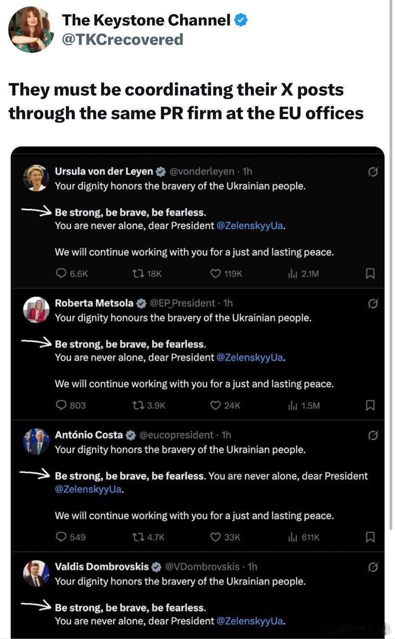 推特上欧盟领导人支持泽连斯基的帖子都是复制粘贴同一家公关公司撰写的通稿。请看欧盟
