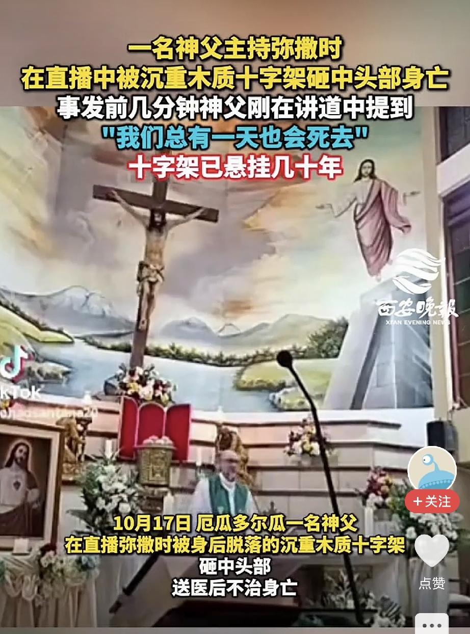 厄瓜多尔一名神父
被倒下的十字架砸死
这个太悲催了[捂脸]