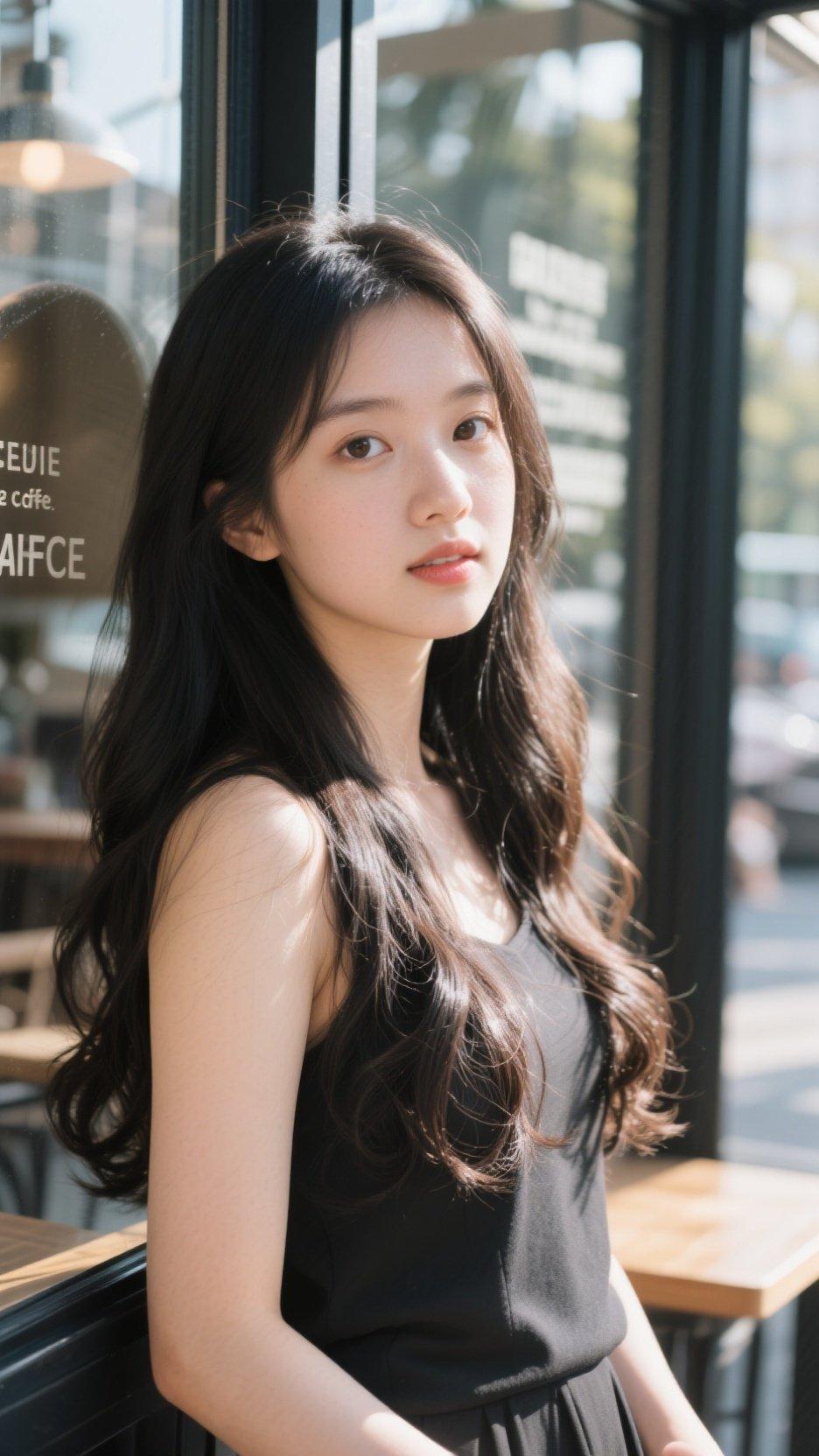 阳光下的咖啡馆，少女静坐沉思