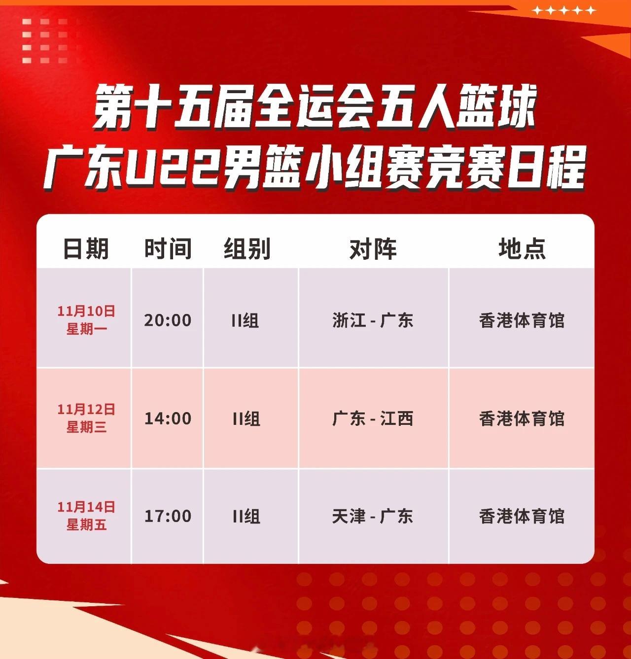 十五运广东全运男篮U22＆U18小组赛赛程表！广东全运男篮 ​​​