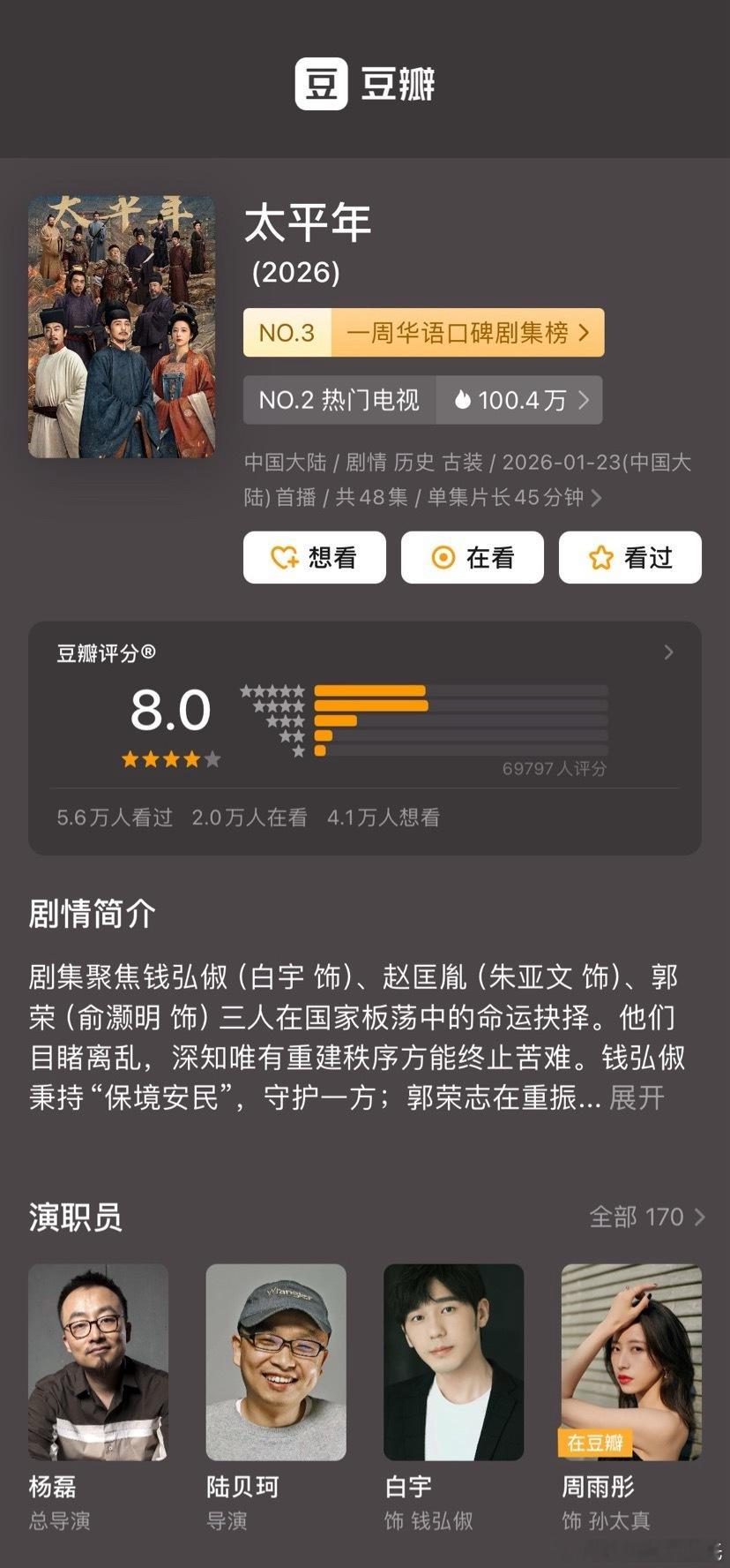 白宇豆瓣四部八分以上剧不错，《太平年》开分7.8，现在涨到8分了白宇豆瓣四部八分