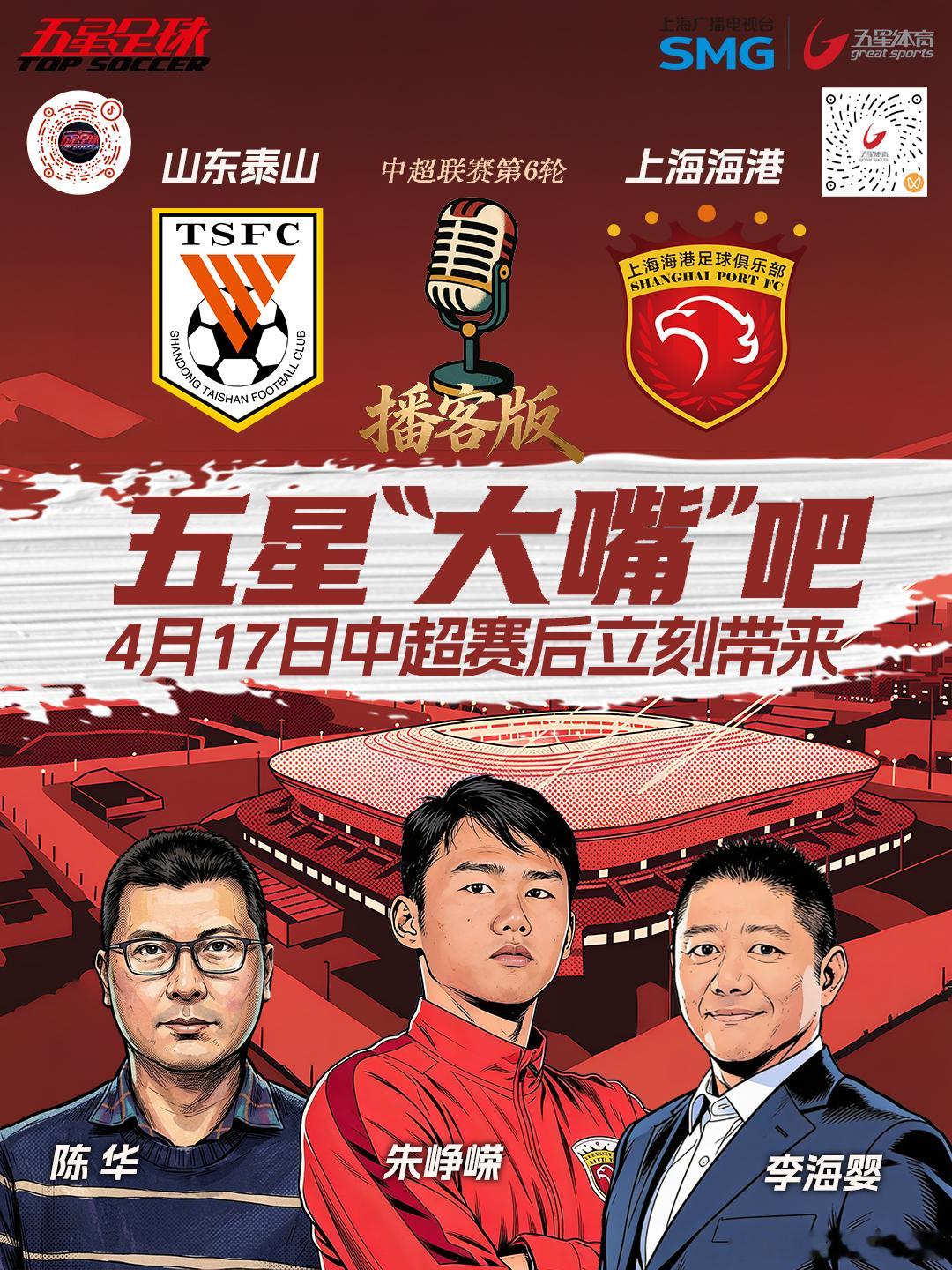 中超第六轮，上海海港客场挑战山东泰山，球队创始成员朱峥嵘在五星体育解说完比赛后，