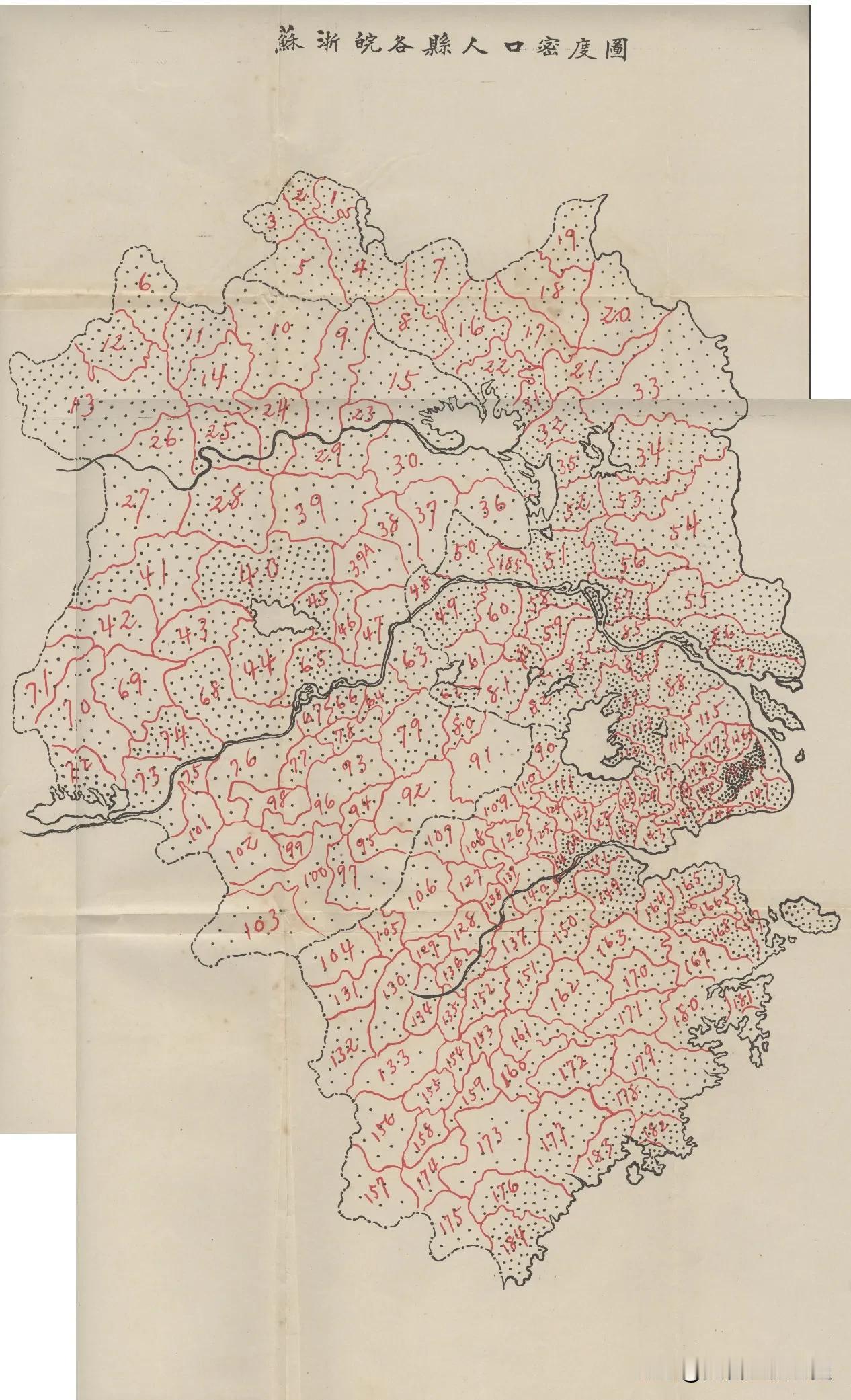 1929年苏浙皖三省各县人口密度图。图上每一个点代表2万人口。从图上看人口密度最