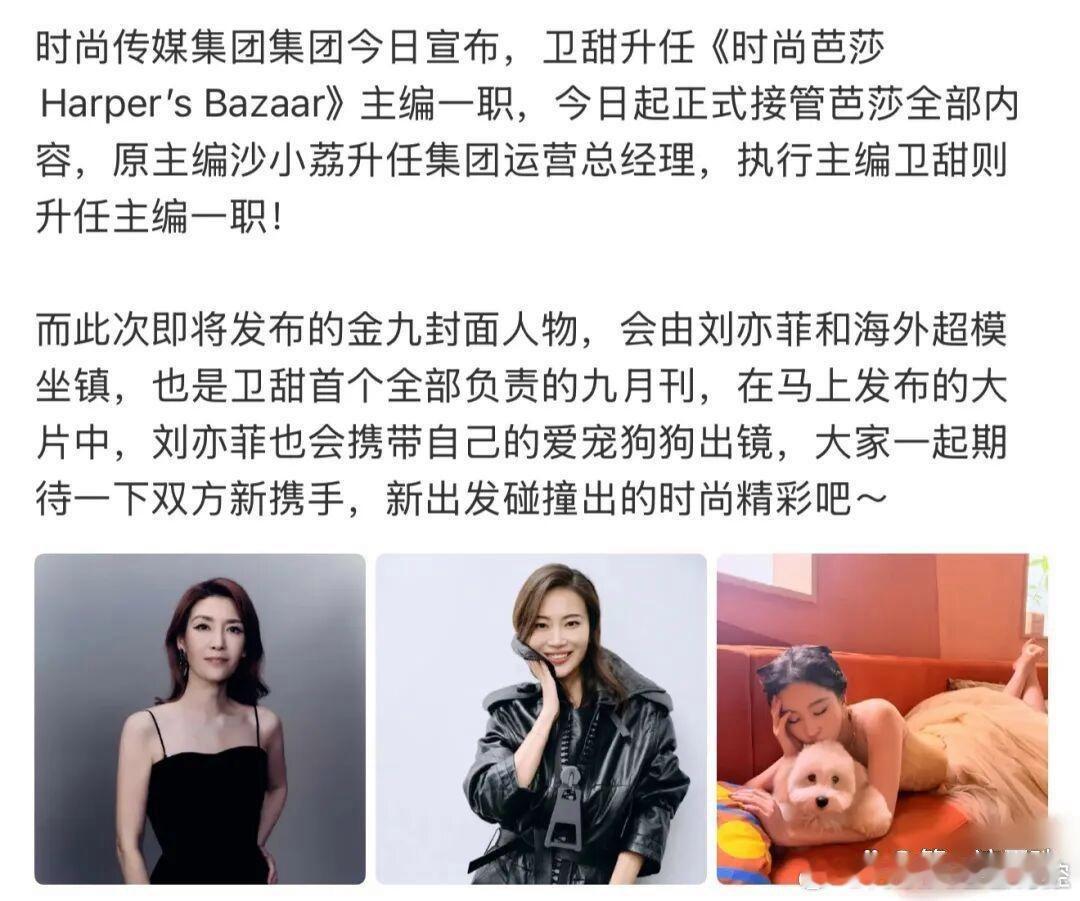刘亦菲携爱犬登时尚芭莎九月刊封面，连续5年拿下五大女刊金九封 