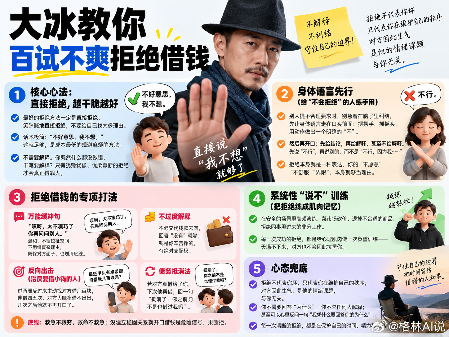 大冰教你百试不爽拒绝借钱视频有点长，帮大家直接总结到一张图里了，核心方法就是直接