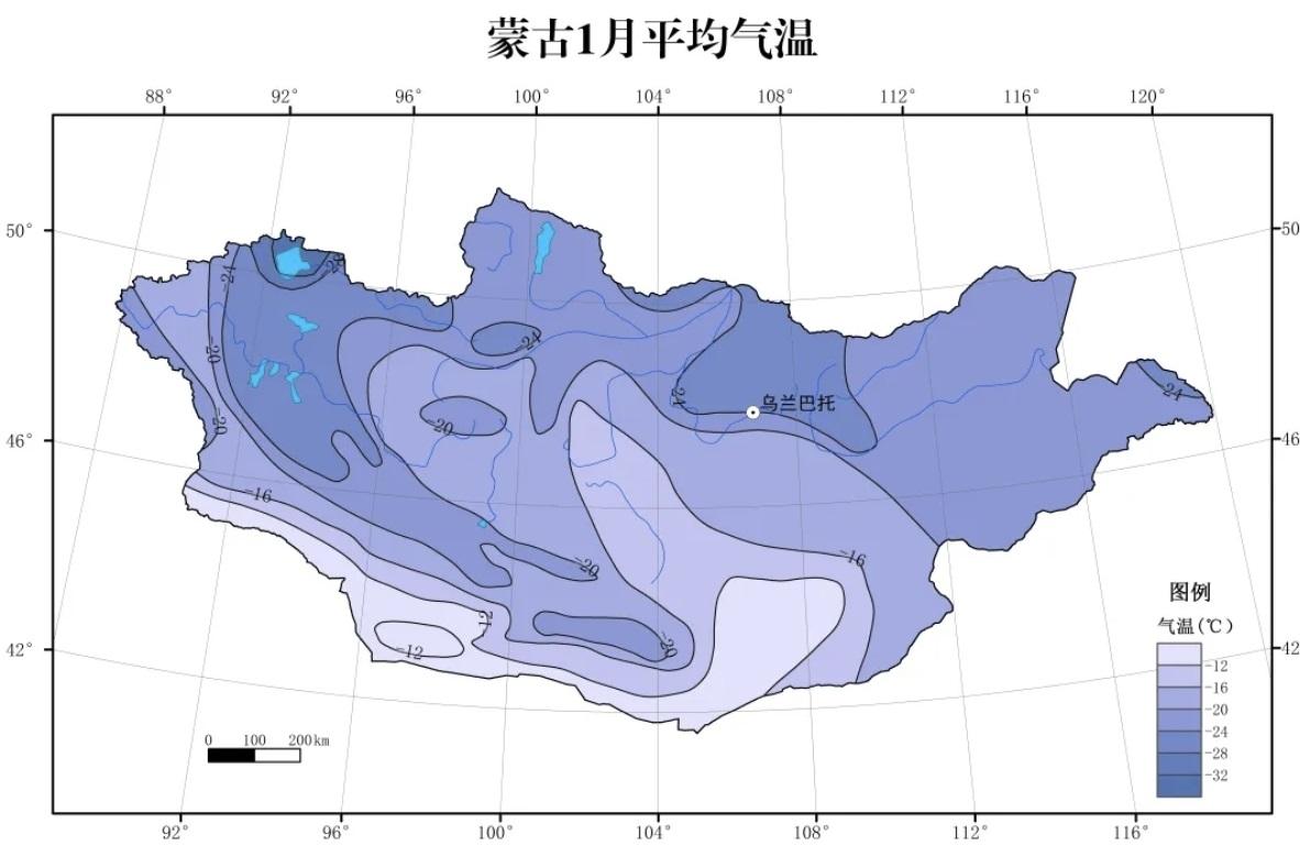 【地图】蒙古1月平均气温分布图