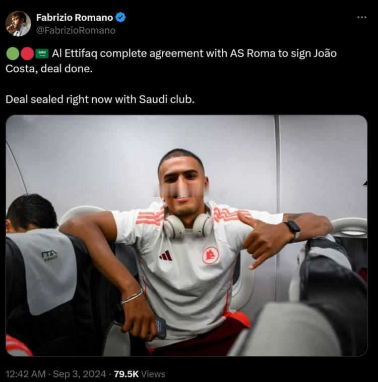 少走十年弯路💰罗马诺：达曼协作即将签下19岁罗马前锋科斯塔 知名转会记者罗马诺