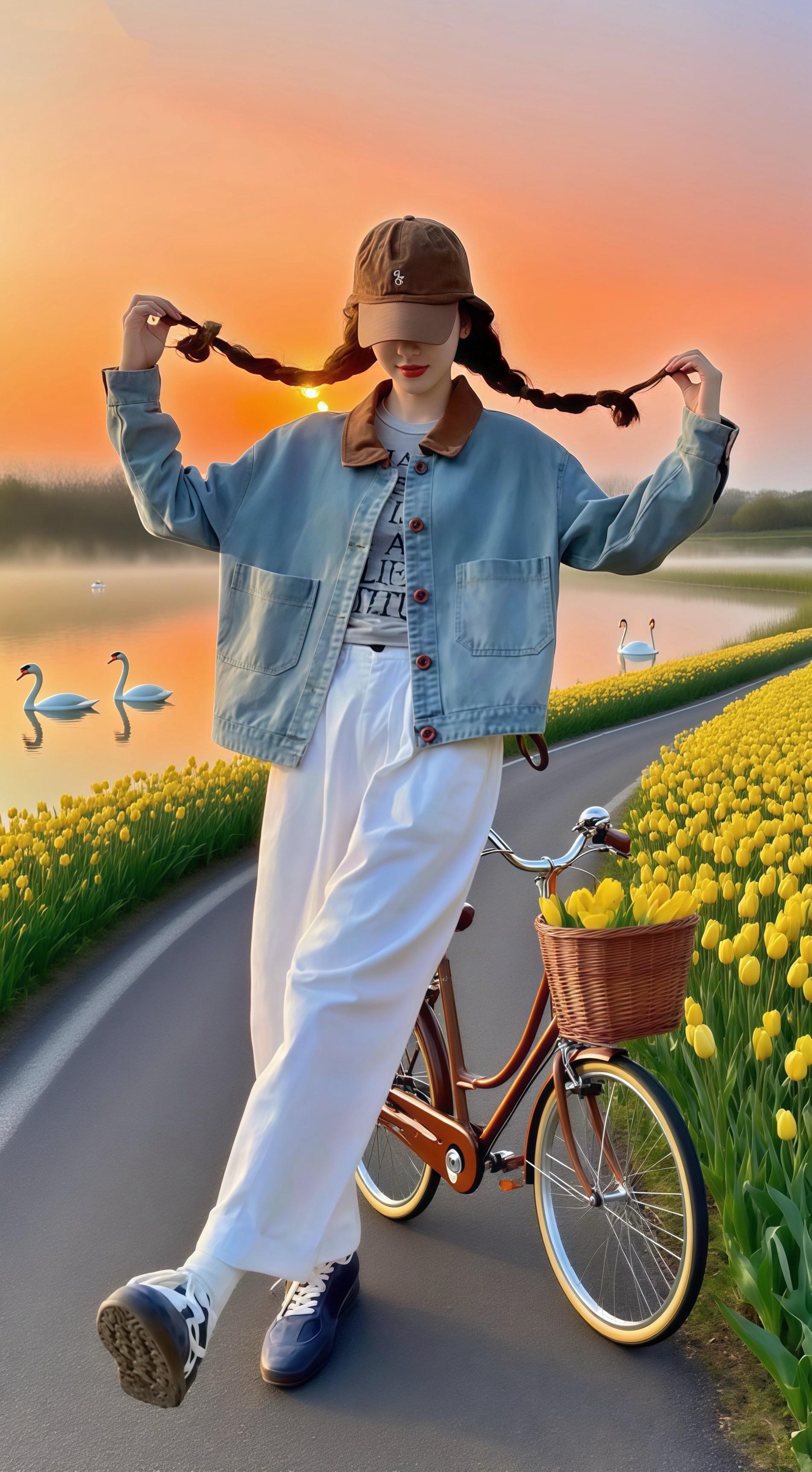 《春日骑行小记》春日的傍晚，晚霞给天空晕染出粉橙相间的柔美色彩。林夏戴...