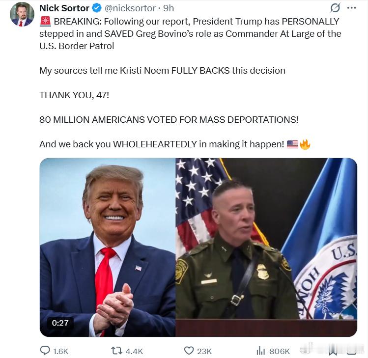 尼克·索特：在我们发布报道之后，特朗普总统亲自出面，保住了格雷格·博维诺担任美国