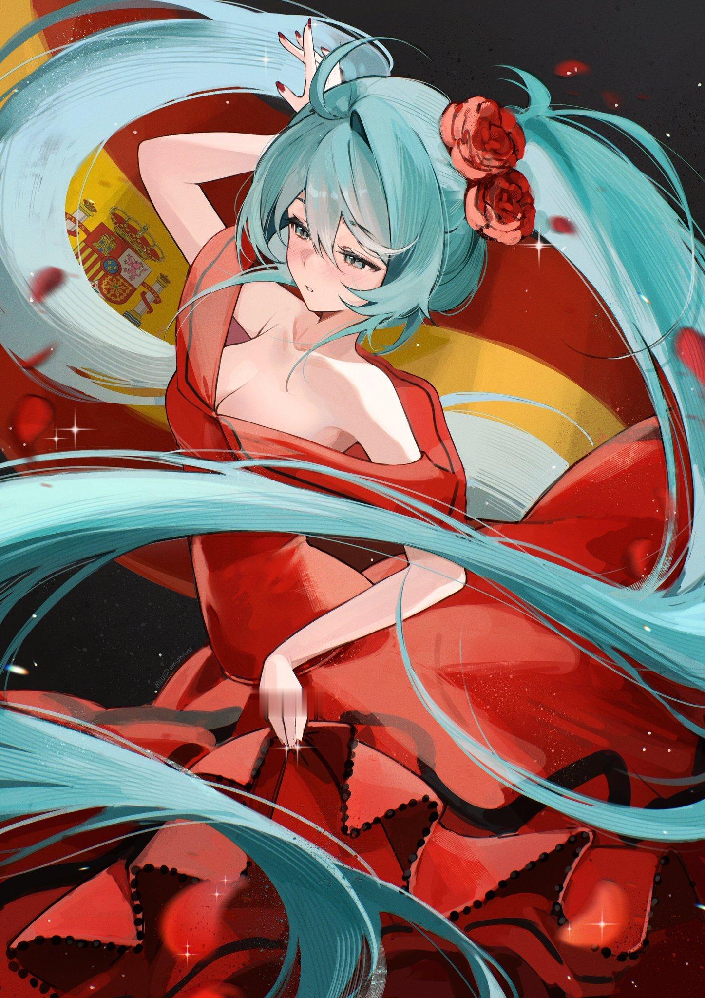 初音未来动漫仲夏狂欢季 好喜欢这套红裙应援板鸭的miku殿下啊.绘：umioha