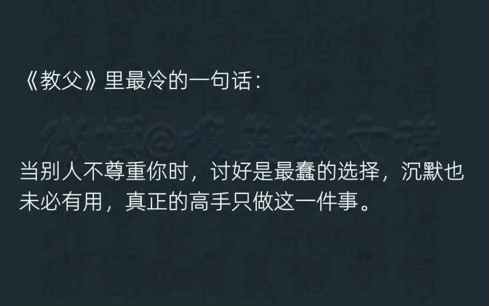 “《教父》里最冷的一句话：当别人不尊重你时，讨好是最蠢的选择，…。” 