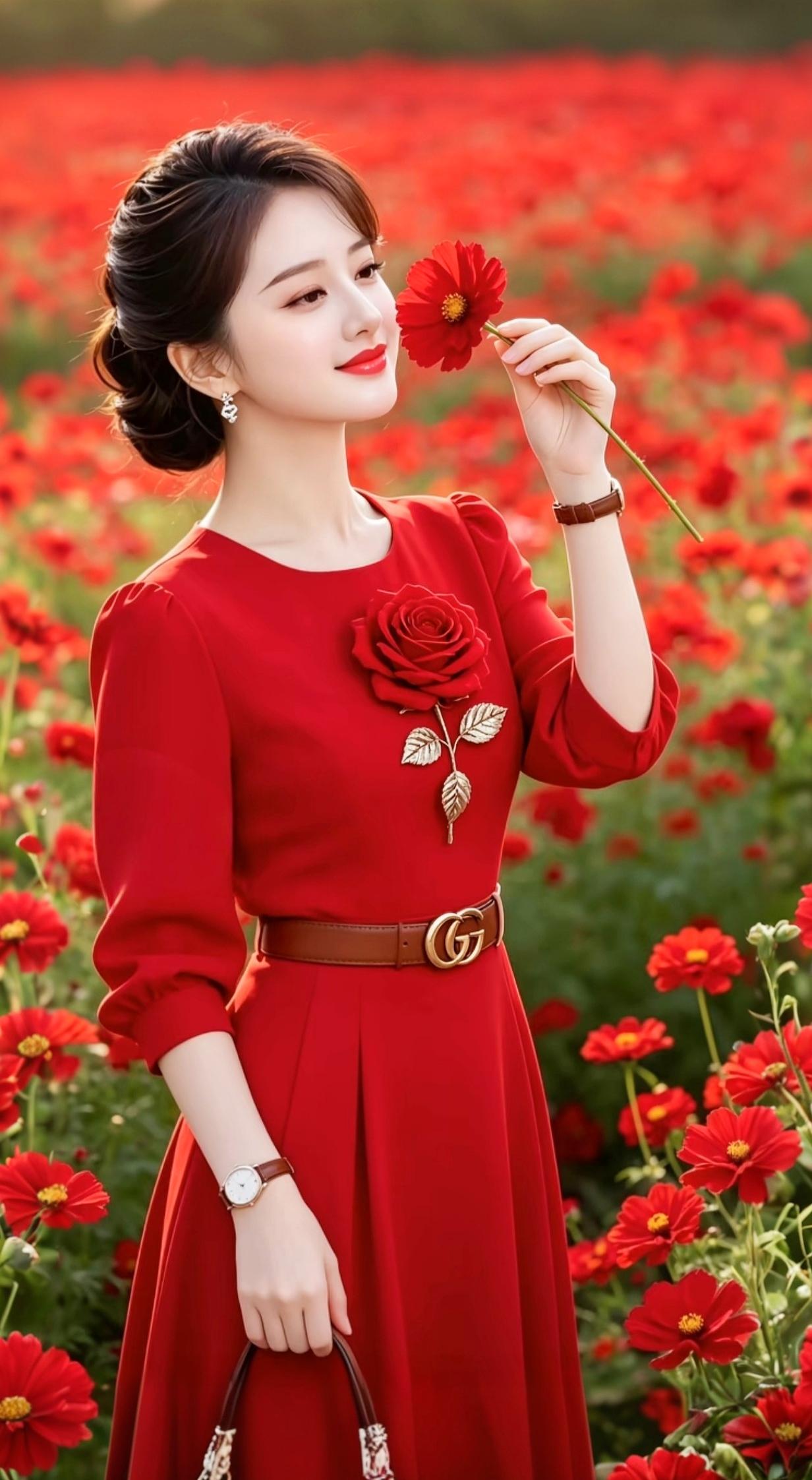 在花海中绽放，红衣少女与红花的浪漫邂逅