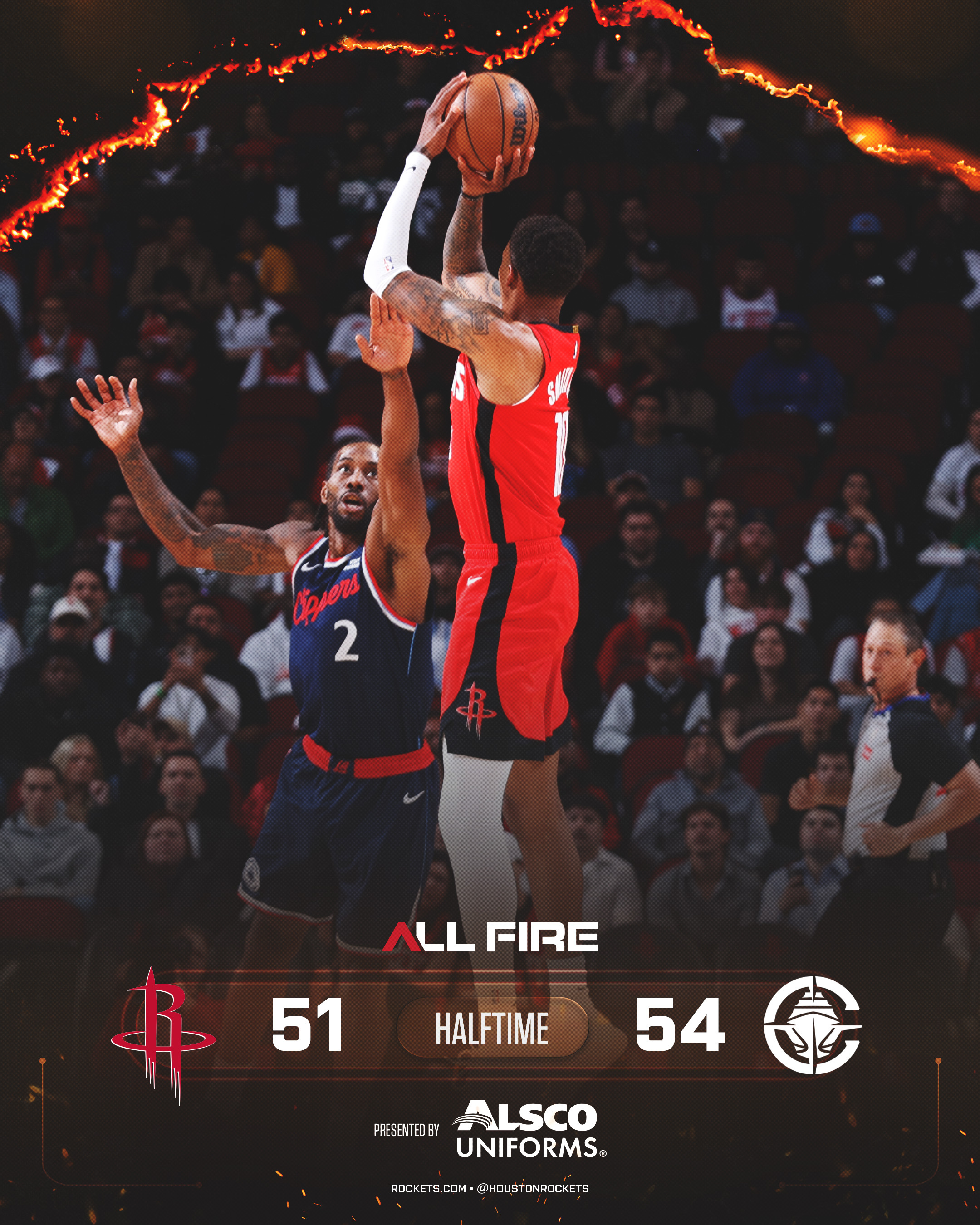 过去6场区间，火箭三分34.1%，联盟第21，今天上半场19中5。快船vs火箭N