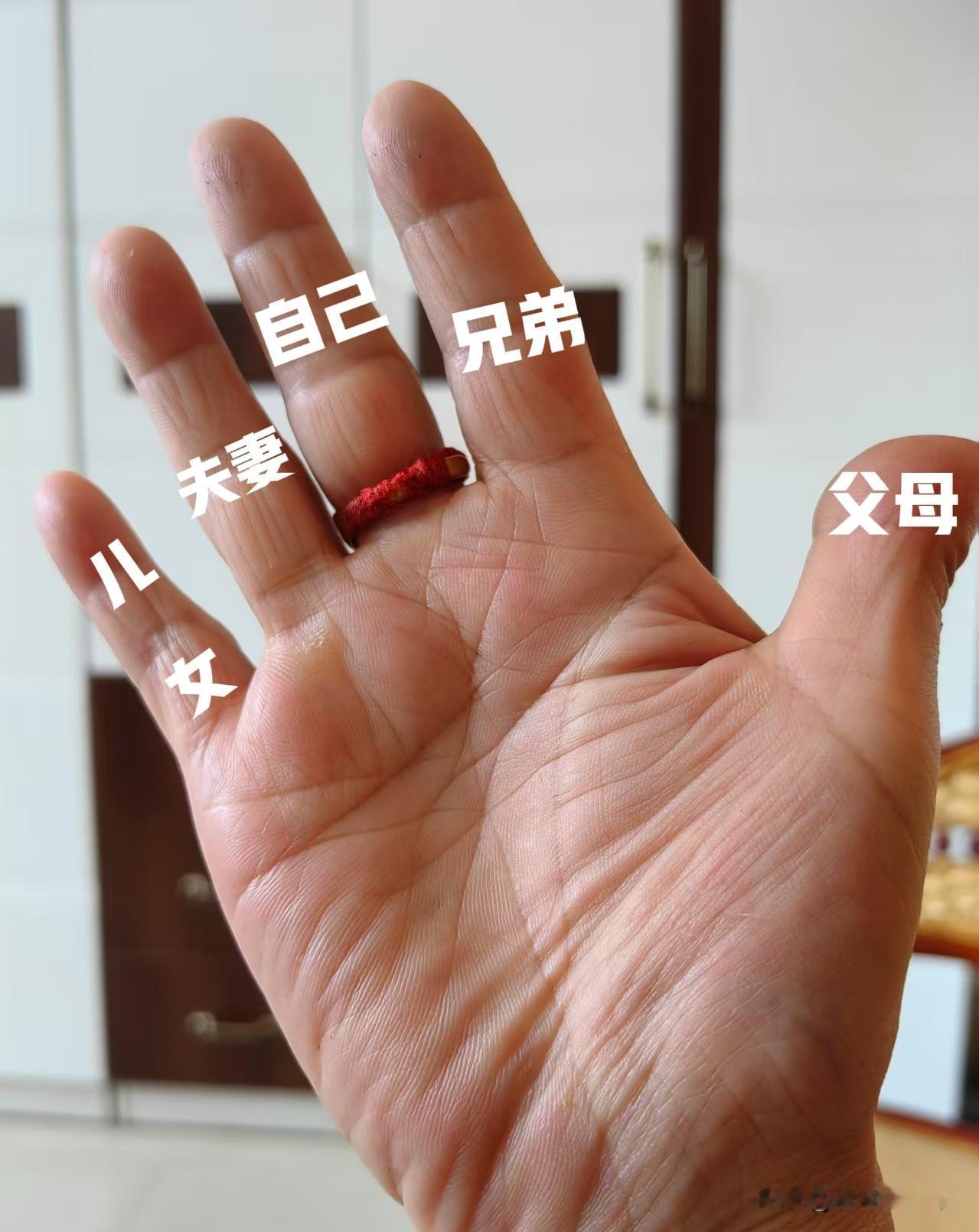 昨天傍晚在街上听老人们闲聊手指往哪靠，今生就靠谁。

1. 看五指
大拇指贴中指