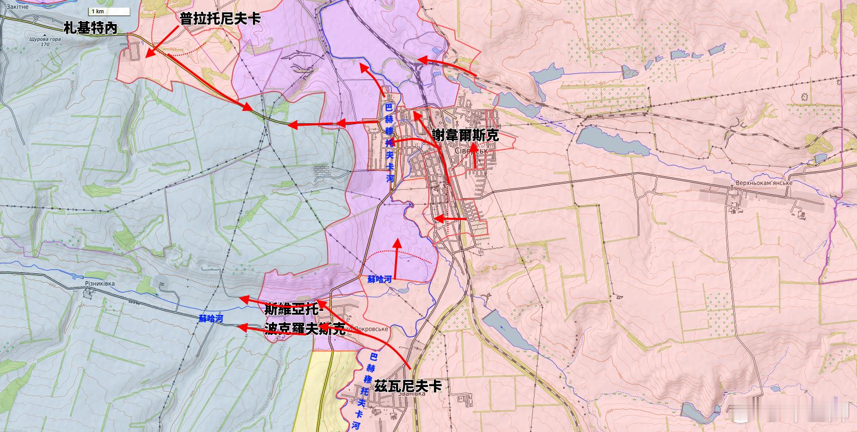 更新謝韋爾斯克城區戰鬥在控制謝韋爾斯克後，俄軍繼續向西推進，尤其是蘇哈河谷一路的